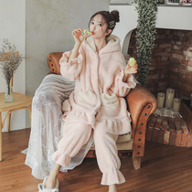 Pajamas womens autumn and winter cute coral velvet set thick long flannel warm hooded two-piece home wear