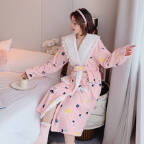2020 new dressing gown women winter long lovely coral fleece bathrobe plus velvet padded flannel bathrobe home wear