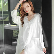 Nightdress women 2021 new premium feel pajamas long sleeve Ice Silk sexy pajamas shirt home clothing Net red style