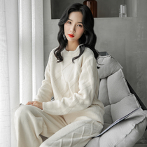 New soft pajamas womens winter solid color stripe frame two-piece set twist wool knitted home clothes can be worn outside