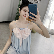 Nightdress womens spring and summer 2021 New High feel sling Ice Silk thin sexy cute bow pajamas