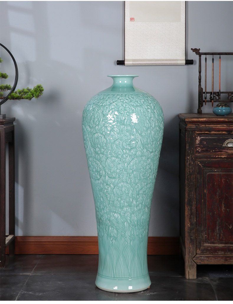 Jingdezhen ceramics craft blue glaze anaglyph large vase landed furnishing articles of new Chinese style home sitting room adornment