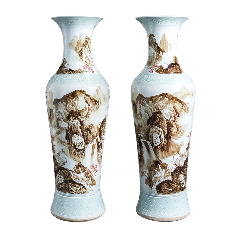 Jingdezhen ceramics hand - made large landscape floor vase sitting room hotel decoration of Chinese style household furnishing articles