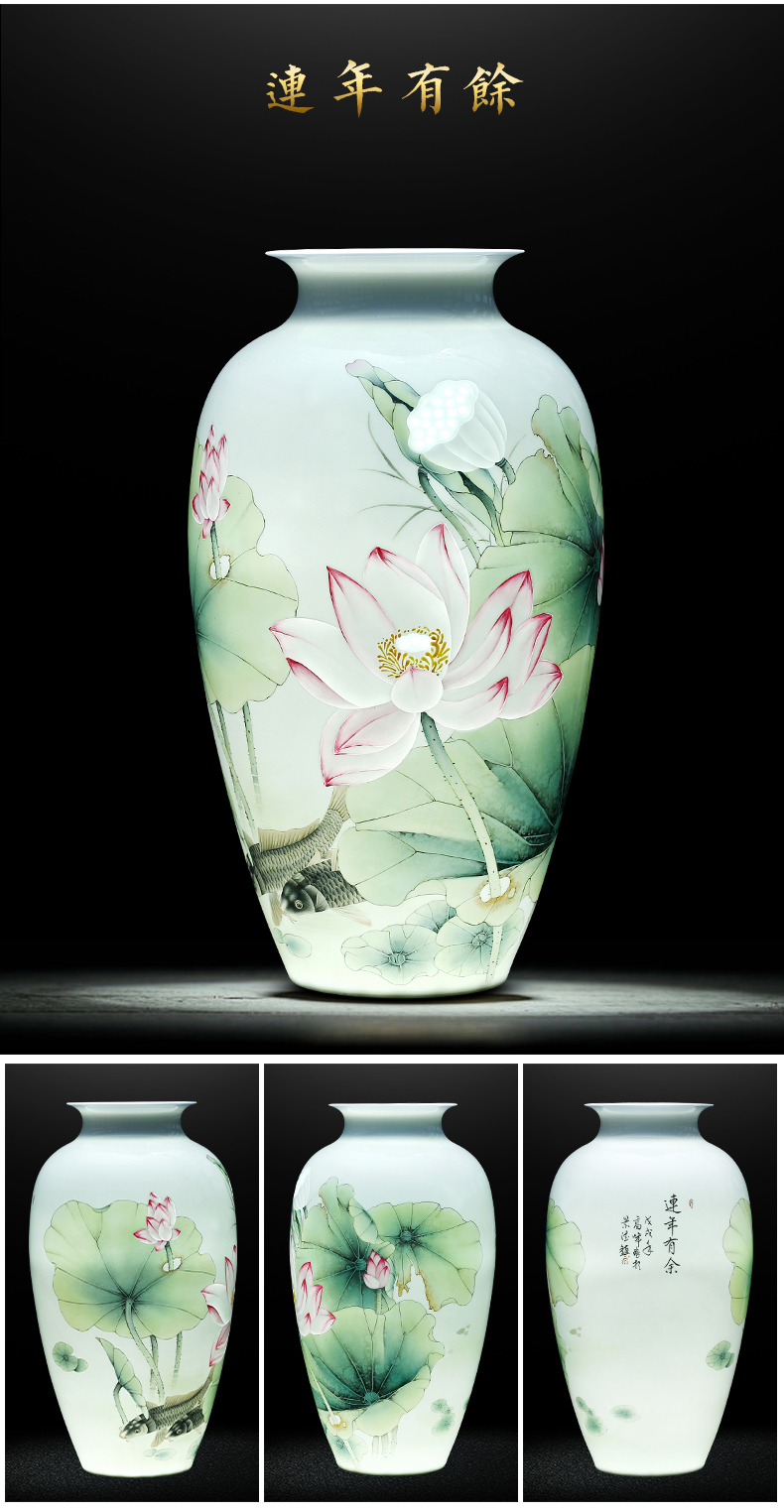 Jingdezhen ceramics hand - made lotus flower vase light key-2 luxury furnishing articles of Chinese style household living room TV ark adornment arranging flowers