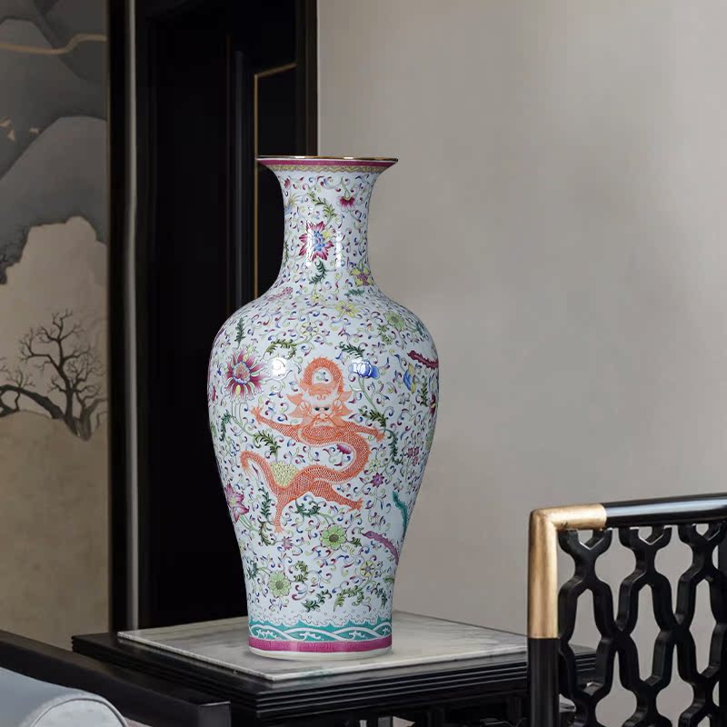 Jingdezhen ceramic famille rose porcelain antique porcelain longfeng landing large vases, furnishing articles sitting room of Chinese style household decoration