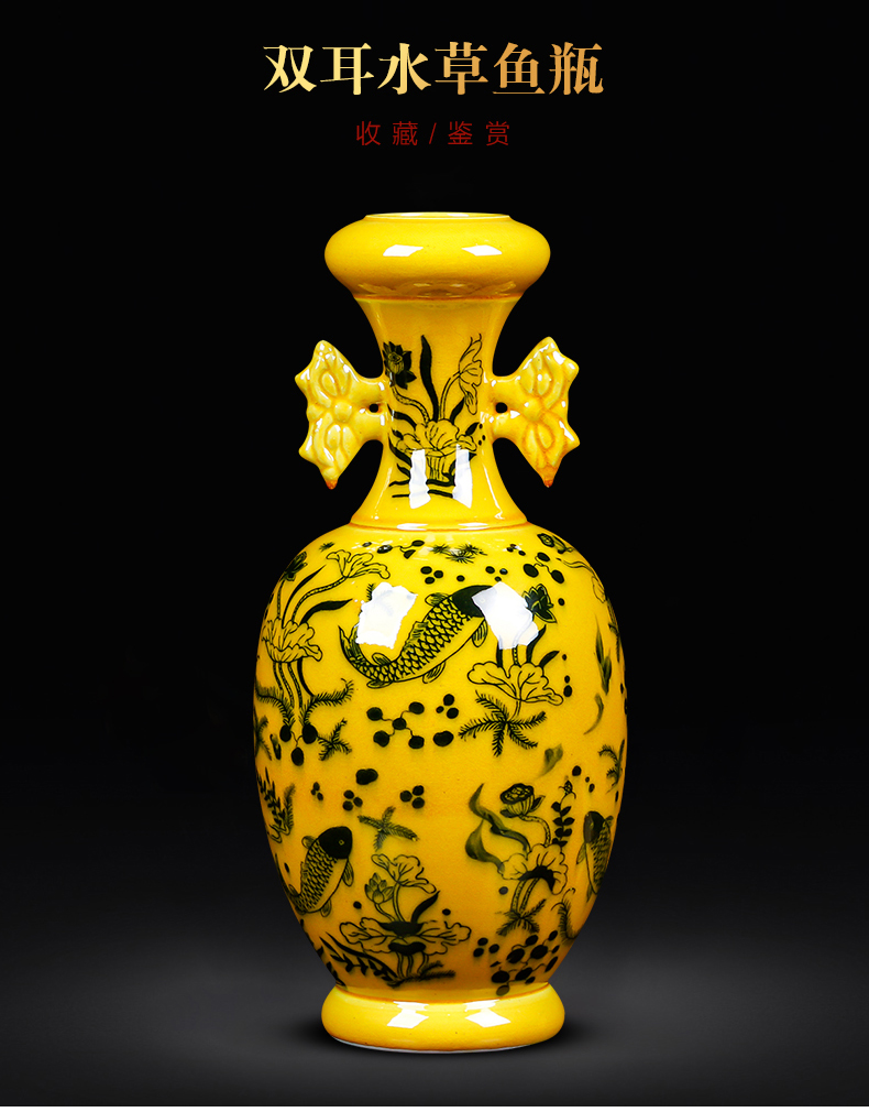 Jingdezhen ceramics yellow glaze ears vase archaize open piece of flower arranging new Chinese style household furnishing articles sitting room adornment