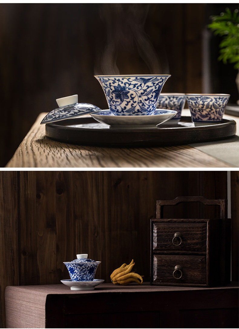 Jingdezhen escape this hall three tureen teacup only pure hand - made bound lotus flower blue and white porcelain tea set tea bowl of ceramics