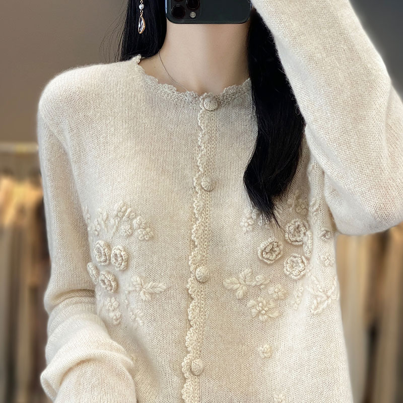 Fashionable High-End Pure Wool Cardigan for Women, Round Neck, Heavy Crochet Sweater Coat, Loose Casual Knit Top