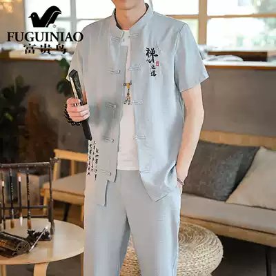 Rich bird 2021 summer new shirt suit men's Chinese style casual youth slim retro Tang suit set
