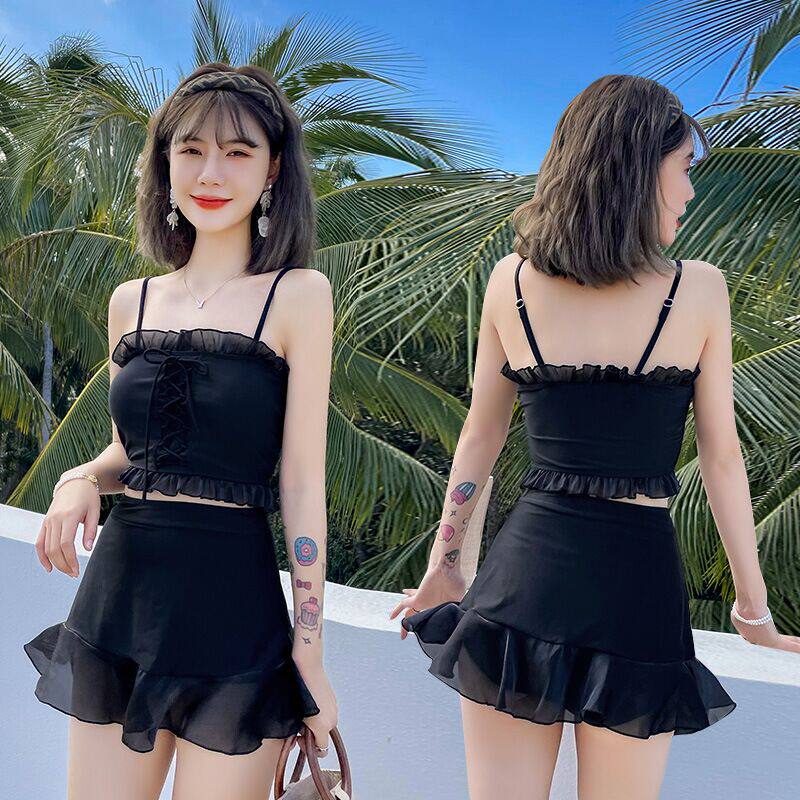 Swimsuit women's 2021 new fashion conservative hot spring bath suit students cover belly small chest Korean ins cute