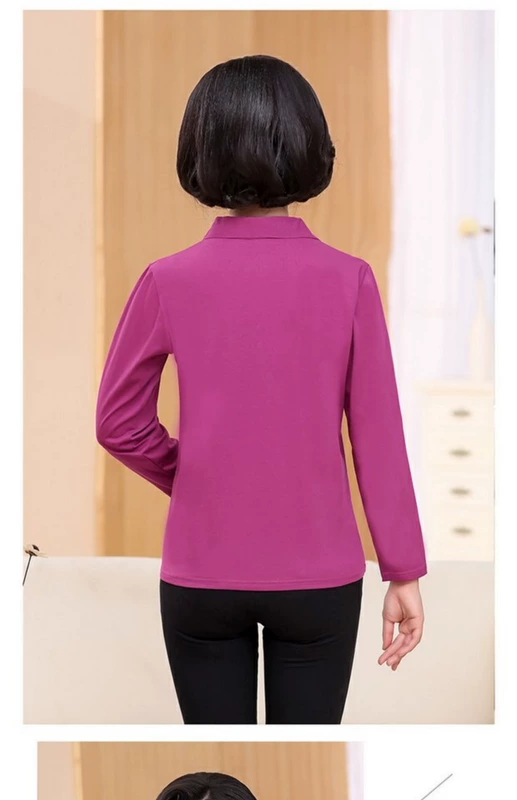 Áo thun nữ trung niên và cotton mùa thu mới cỡ lớn cho mẹ tải vạt áo sọc đáy áo sơ mi mỏng tay dài áo phông trơn