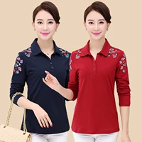 Mùa xuân mới trung niên cotton nữ Áo thun size rộng mẹ tải 40-50 tuổi áo đáy thêu áo dài tay quần áo cho người trung niên