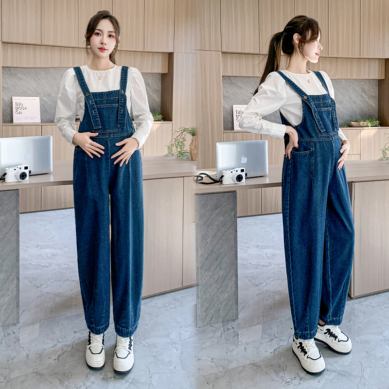 Pregnant woman pants Han version loose Conspicuble Weight Reduction Casual Pants Button Design Denim Harness Long Pants 2024 Spring Autumn Dress-Taobao