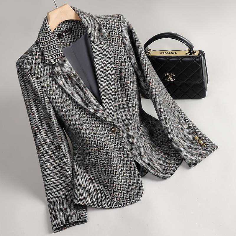 Gray Woolen Blazer for Women, Spring and Autumn 2026 New Style, Petite, Waist-Cinching, Elegant, High-End, Casual Suit