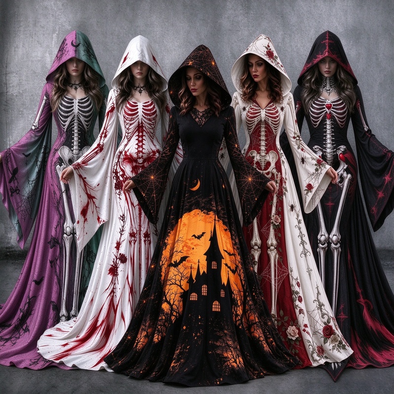 Halloween Long-Sleeved Hooded Skeleton Dress Pumpkin Ghost Witch Horror Atmosphere Pattern Party Long Dress