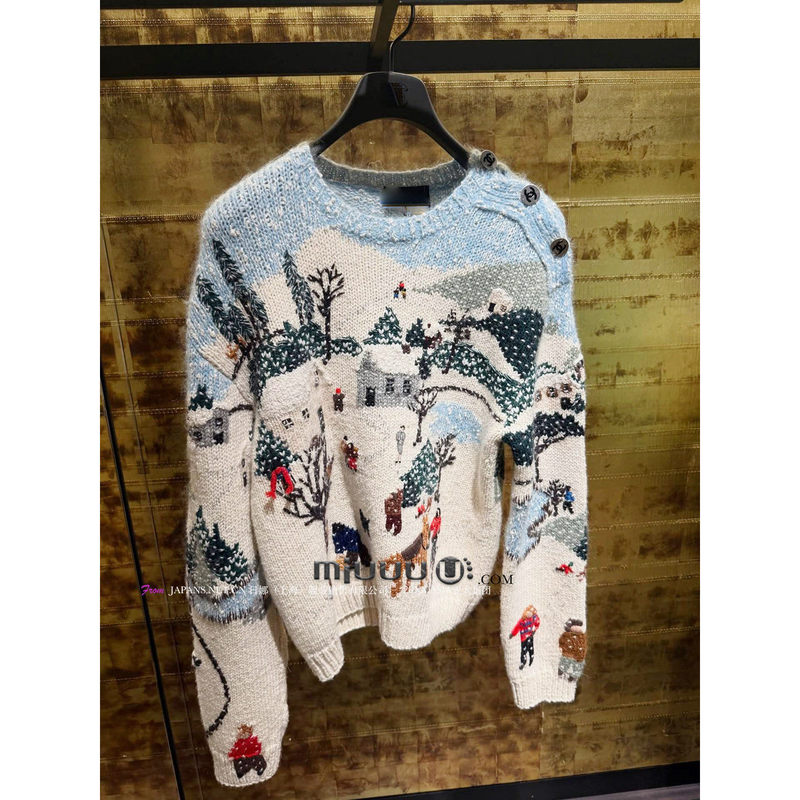 Rina High Luxury 20Xxasia 6 Jko Blue Christmas Totem Knitted Sweater Women's Long Sleeve Round Neck Chanel-Style Sweater Rina High Luxury 20Xxasia 6 Jko Blue Christmas Totem Knitted Sweater Women's Long Sleeve Round Neck Chanel-Style Sweater