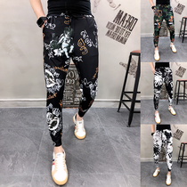 Mens casual pants Youth summer Korean version loose thin trousers trend ice silk tufted feet nine-point pants small feet