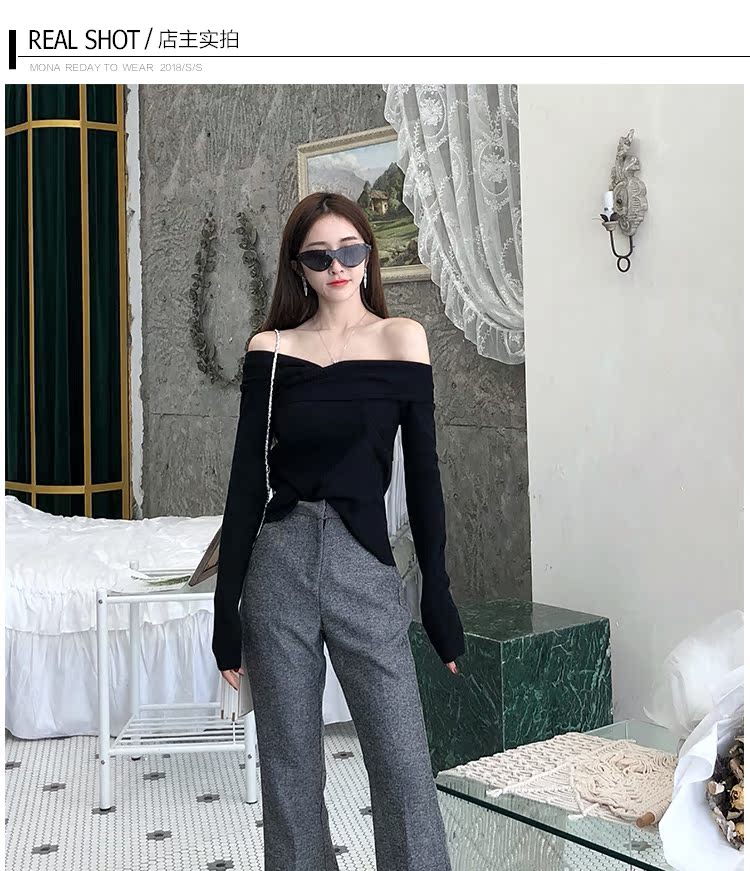 Jin em trai JG V cổ áo rò rỉ áo len nữ 2018 mùa thu mới bộ áo len dài tay cơ bản áo len rộng áo len nữ cổ v