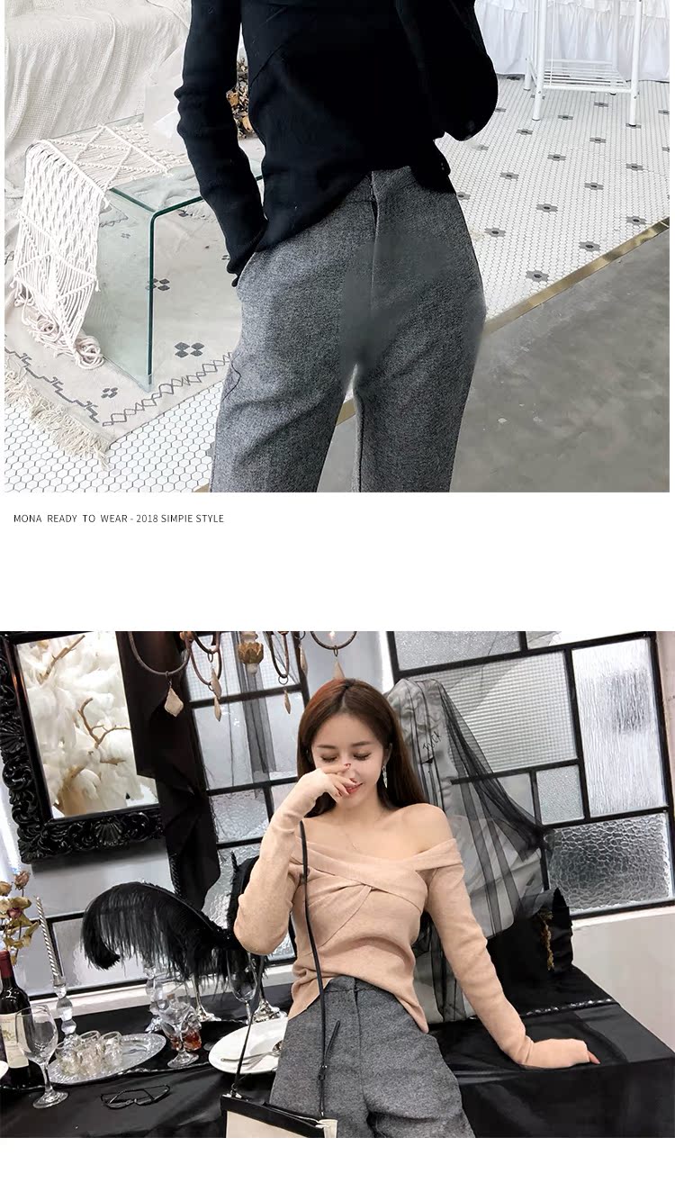 Jin em trai JG V cổ áo rò rỉ áo len nữ 2018 mùa thu mới bộ áo len dài tay cơ bản áo len rộng áo len nữ cổ v