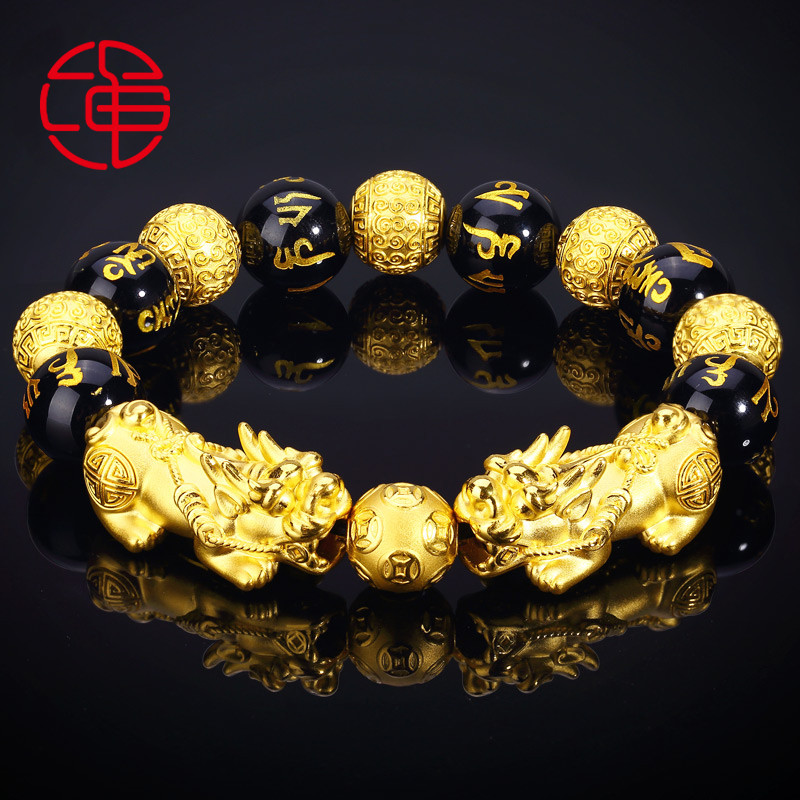 Rope art gold Pixiu bracelet men's and women's 999 pure gold 3D hard gold Piqiu Pixiu transport beads men's gold unicorn