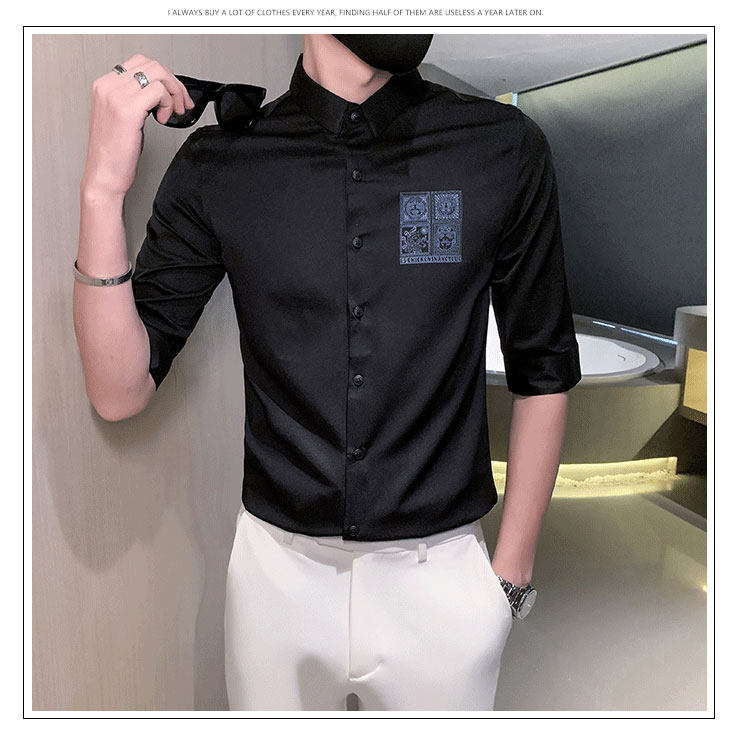 Джинсовая рубашка frying pan男士七分袖衬衫夏季薄款冰丝棉刺绣方领衬衣修身痞帅潮 OTHER