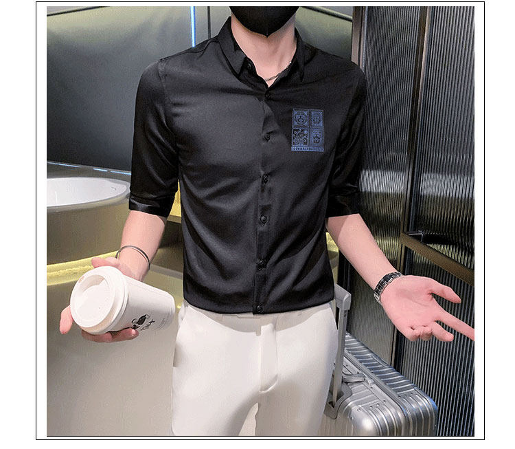 Джинсовая рубашка frying pan男士七分袖衬衫夏季薄款冰丝棉刺绣方领衬衣修身痞帅潮 OTHER