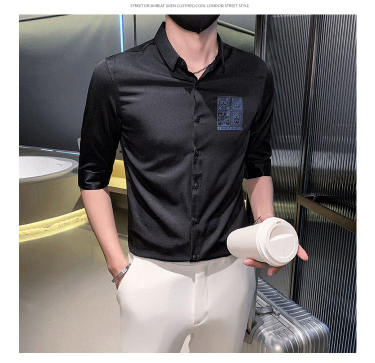 Джинсовая рубашка frying pan男士七分袖衬衫夏季薄款冰丝棉刺绣方领衬衣修身痞帅潮 OTHER