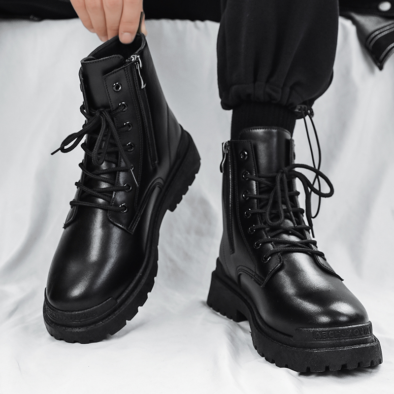Autumn Winter Martin Boot Men's High Help Inron Korean version Overalls boots 100 hitch to help black locomotive men's boots leather boots-Taobao
