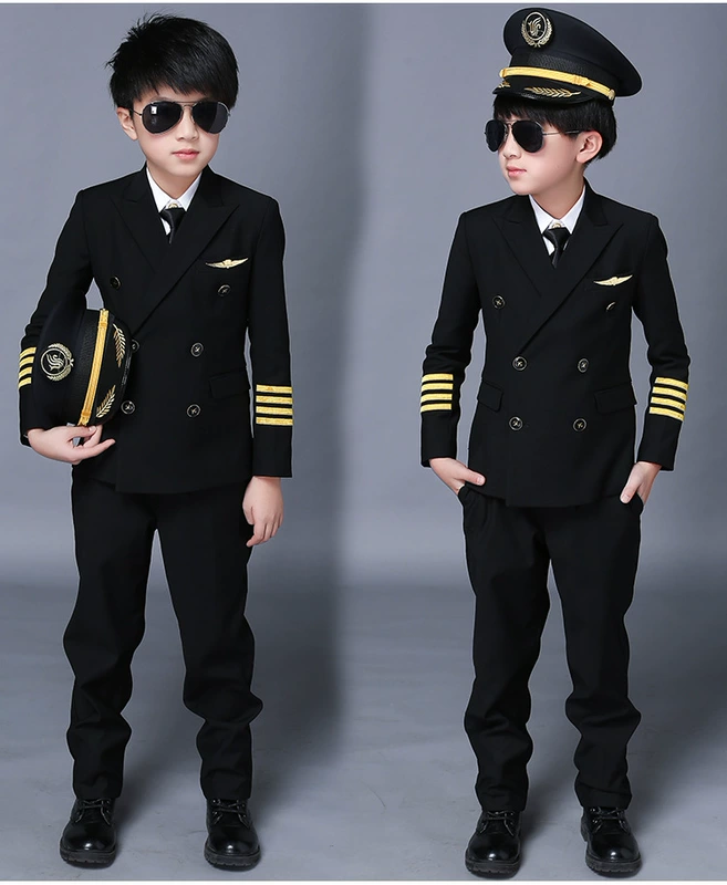 Thiếu nữ tiếp viên hàng không Trang phục nữ tiếp viên hàng không đồng phục nam trống biểu diễn hiệu suất mẫu giáo mặc chuyên nghiệp quần thể dục trẻ em