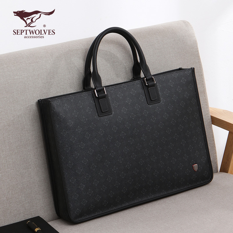 Seven wolves men's briefcase commuter business computer upscale pvc men's bag handbags for men's big capacity-Taobao