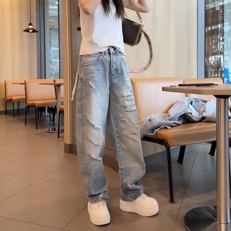 American High Street Style Ripped Denim Scimitar Pants for Women 2026 Summer New Large Size High-Waisted Slimming Loose Wide-Leg Pants