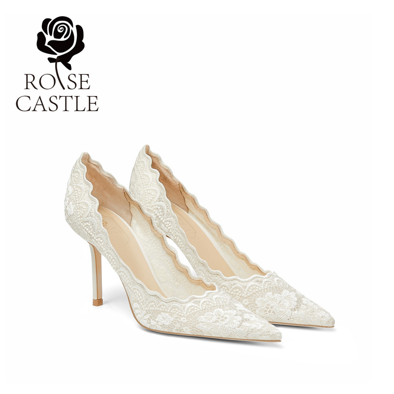 Moonlight Rose Rosecastle French Lace Wedding Shoes, White High-Heeled Shoes for the Bride, Banquet Shoes
