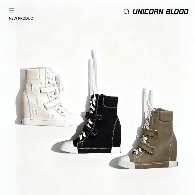 Unicornblood Retro Vulcanized Sneakers with Inner Height Increase, Canvas Shoes with Velcro, Leather Shoes, Thick-Soled Sneakers