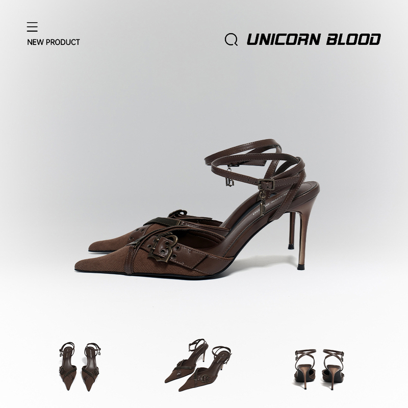 Unicornblood Officesiren Design-Inspired Brown Suede Pointed-Toe High-Heeled Shoes with Textured Straps
