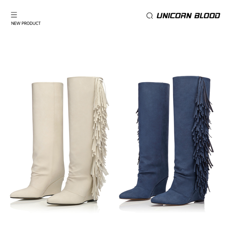 Unicornblood Western Retro! Lychee Leather Tassel Wedge Boots Pointed Toe Fashion Boots Women's Western Boots
