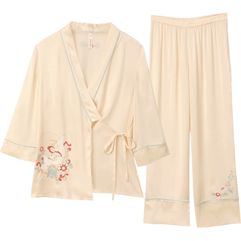 Jinsanta dunhuang co-branded women's heavy silk pajamas 100% mulberry silk slanted placket positioned trouser floral coverers 24 ຜະລິດຕະພັນໃຫມ່