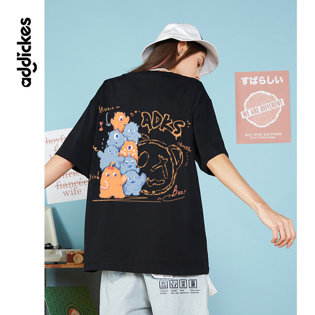 Little monster cotton short-sleeved t-shirt women's black 2021 new couple outfit summer loose large size ins super fire half-sleeve