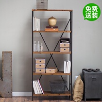 loft American wrought iron wood shelf multi-layer floor shelf custom retro simple multifunctional bookshelf shelf