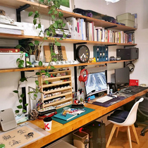 Soliwood Double Desk Bookshelf Combination with custom long computer tablebookcase full wall wall hanging bedroom shelf