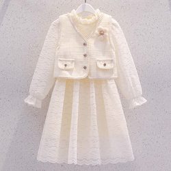 Girl Tweed Style Dress Autumn 2025 New arrival Western-style kids Lace Princess Dress Female Youth White Dress