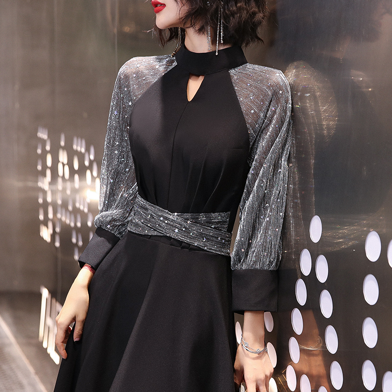 Black Short Evening Dress for Women, Long-Sleeved, Petite, Suitable for Hostess, Fashionable, High-End, Birthday Dress, Slim Fit, Sophisticated Black Short Evening Dress for Women, Long-Sleeved, Petite, Suitable for Hostess, Fashionable, High-End, Birthday Dress, Slim Fit, Sophisticated