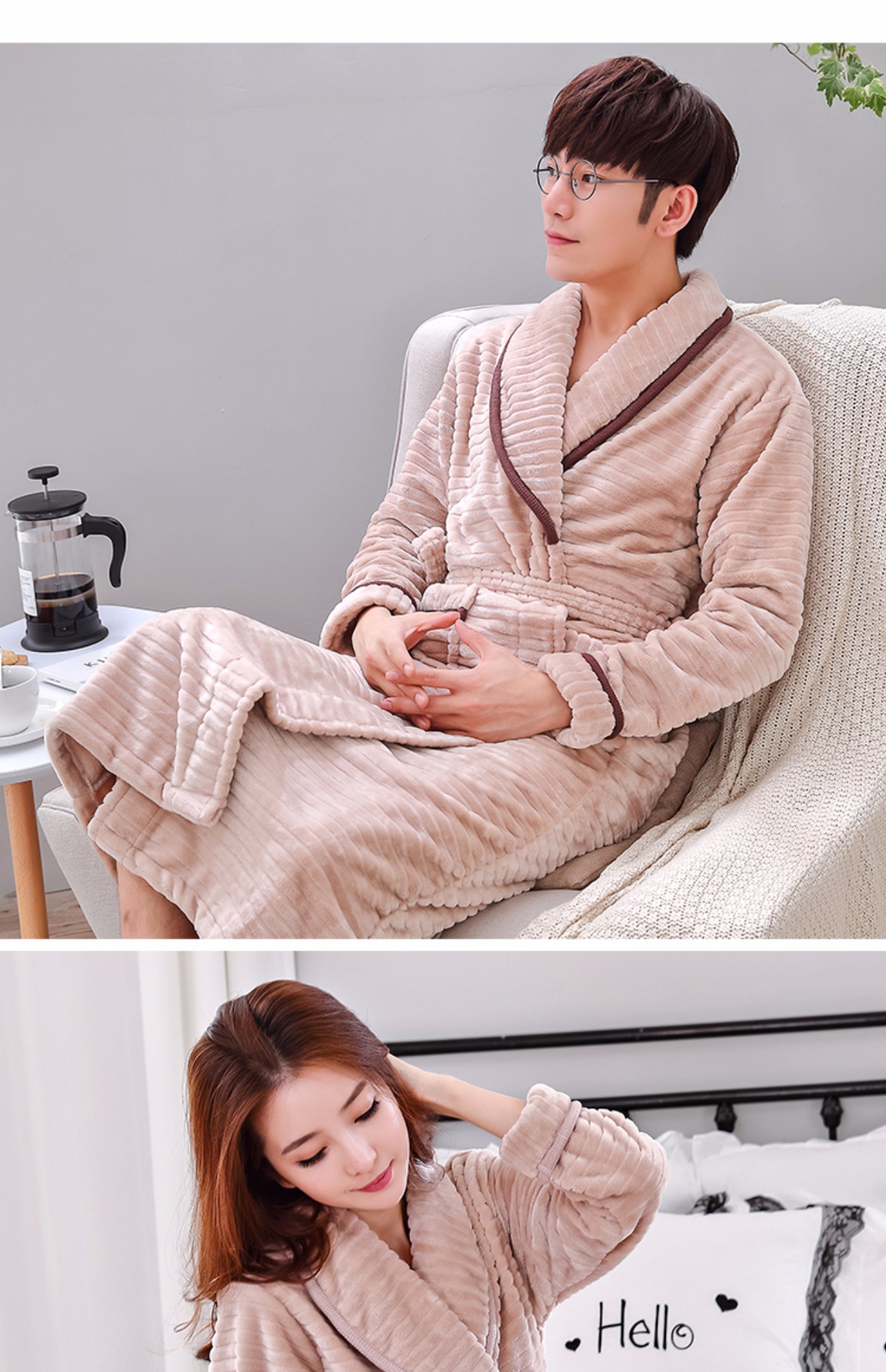 Cặp áo choàng nhung san hô dày mùa đông cộng với áo choàng dài nam nhung áo choàng tắm cho bé gái quần áo ngủ nam