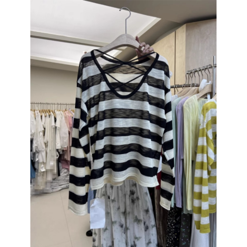 Ice Silk Striped Long-Sleeved T-Shirt, Sun Protection Shirt for Women, Summer Slip Dress, Casual Loose Cover-Up, Sheer Top