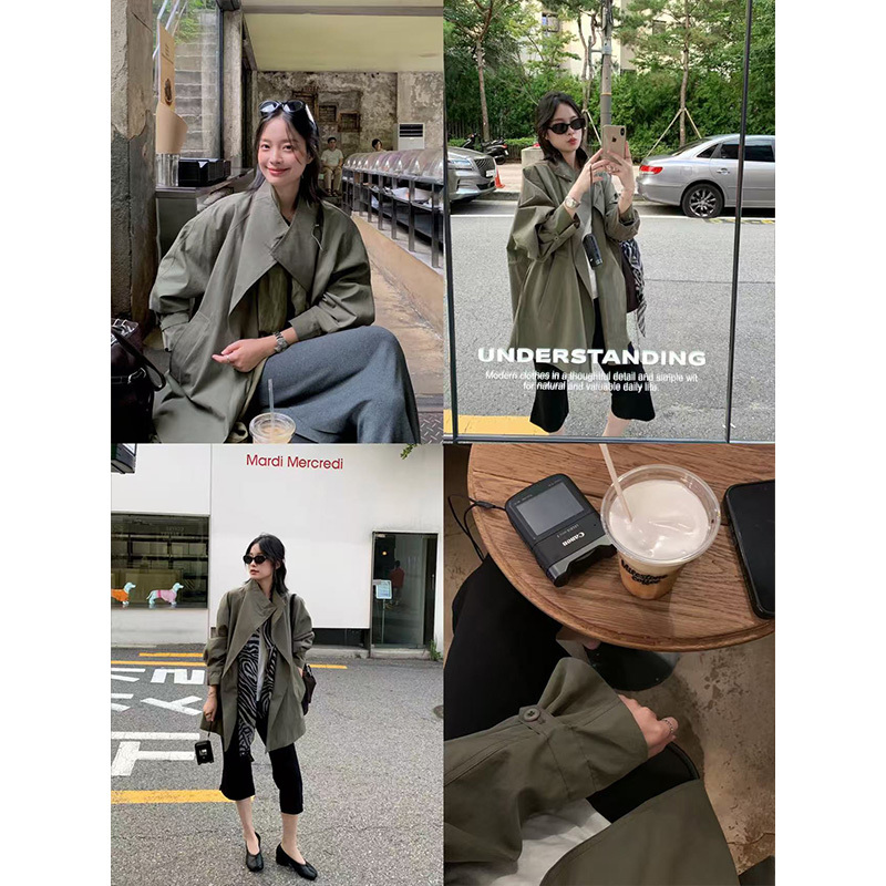 Vitalin 【London Weekend】65% Cotton Mid-Length Trench Coat, Loose Fit, Slimming, Waist-Cinching, Casual Jacket for Women, Autumn