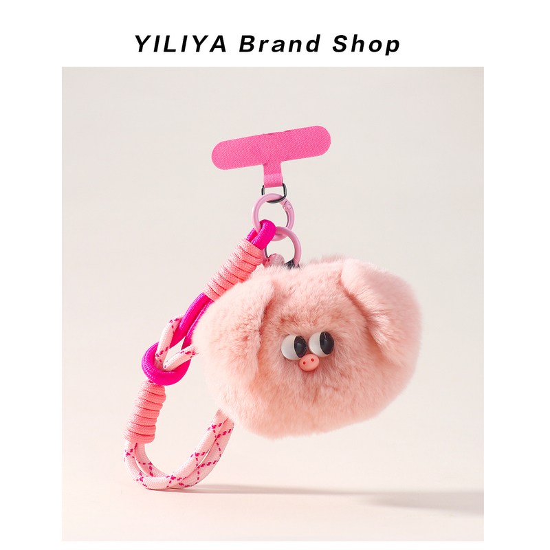 Yiliya Real Rex Rabbit Fur Pink Piggy Bag Pendant Cute Plush Keychain Phone Charm Ugly-Cute Gift