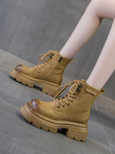 Thick-Soled Martin Boots for Women 2025 New Winter British Style Chunky Heel Short Boots Retro Round Toe Mid-Calf Fleece-Lined Yellow Boots