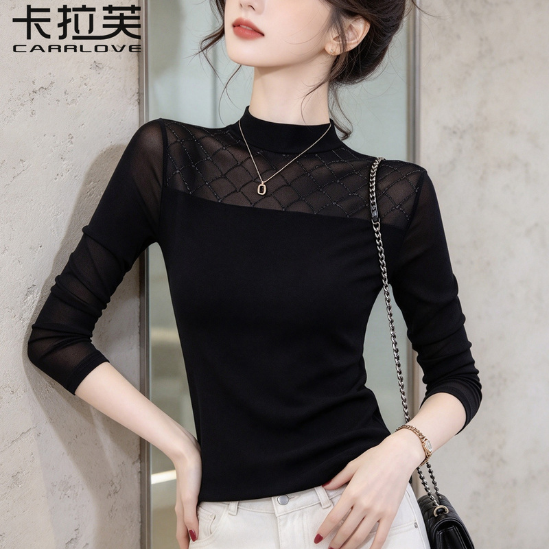 This Year's Popular Women's Clothing Is a Black Mesh Lace Bottoming Shirt, a Long-Sleeved T-Shirt for Women, and an Autumn and Winter Top