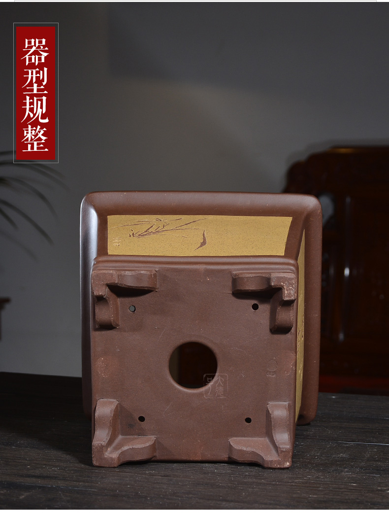 Square purple sand flowerpot with tray manual mud painting seiko carving painting bonsai pot king clivia orchid pot