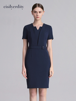 Short sleeves V collar Double collars Career dress Skirt Woman Summer High-end Tooling Wrap Hip Skirt Cosmetic workwear