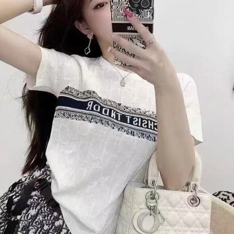 2026 Spring/Summer New Style Elegant Jacquard Beaded Knit Top Versatile Round Neck Short Sleeve Letter Fashionable Chic Blouse